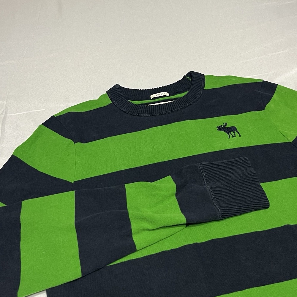 Y2K Abercrombie & Fitch Sweater Mens 2XL Navy Green Striped Muscle Fit Crewneck
